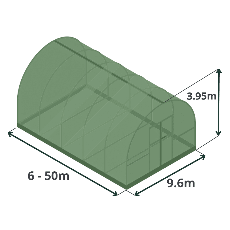 Dimensions de notre abri professionnel Carnac : De 6 à 50m de long, 9.6m de large et 3.95m de hauteur