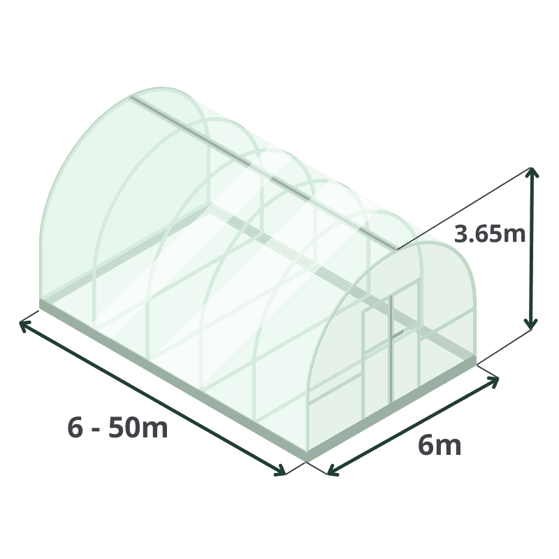 Dimensions de notre serre professionnelle Toutatis : De 6 à 50m de long, 6m de large et 3.60m de hauteur