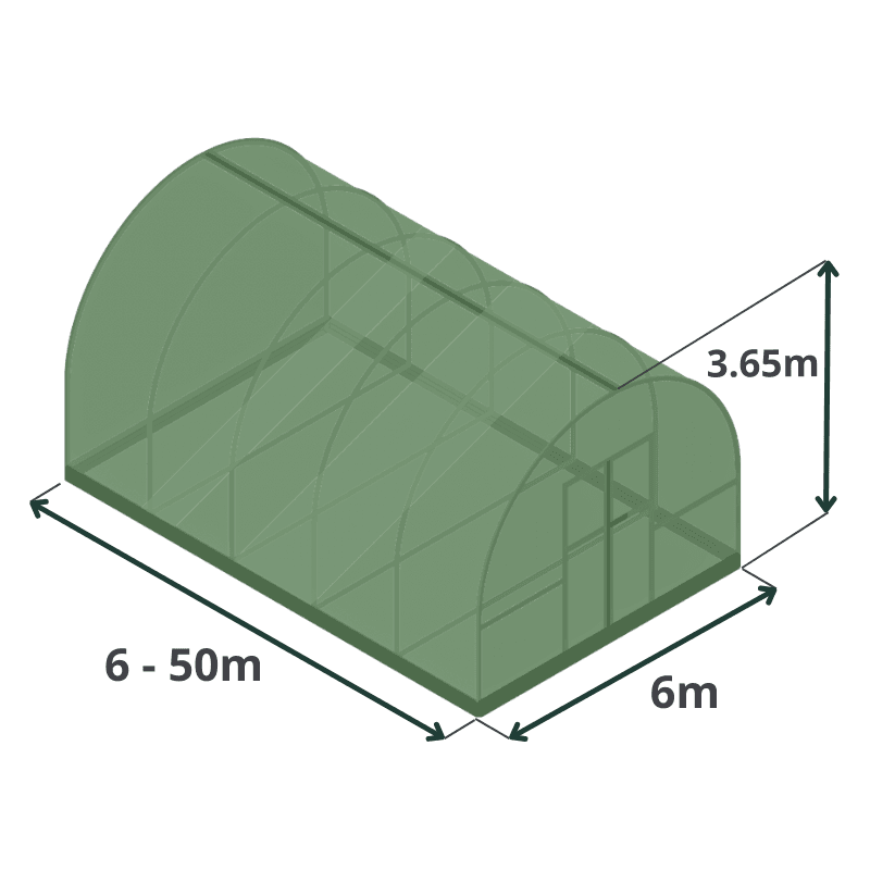 Dimensions de notre abri professionnel Menhir : De 6 à 50m de long, 6m de large et 3.60m de hauteur