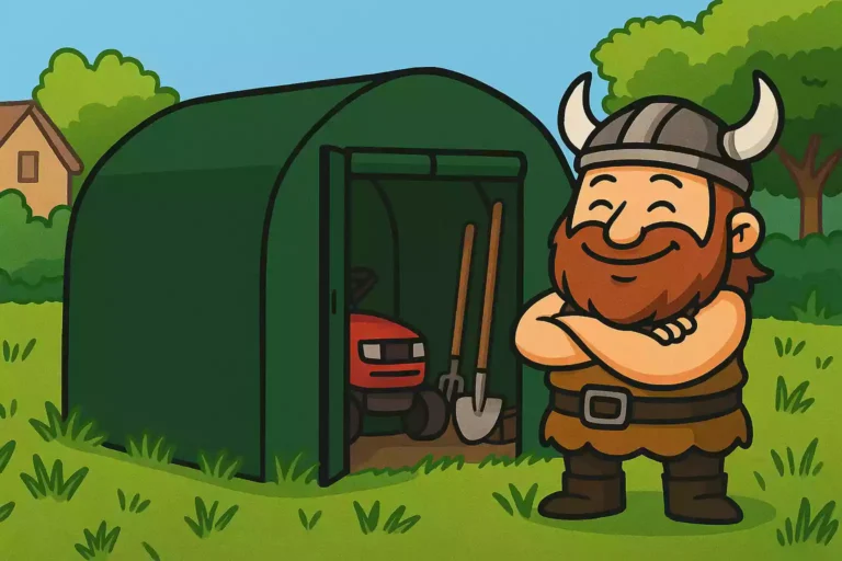 Gaulois qui se tient debout devant son abri de jardin dans lequel sont rangés des outils de jardinage