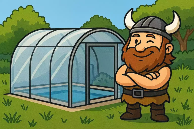 Un gaulois devant un abri de piscine sur base de serre de jardin