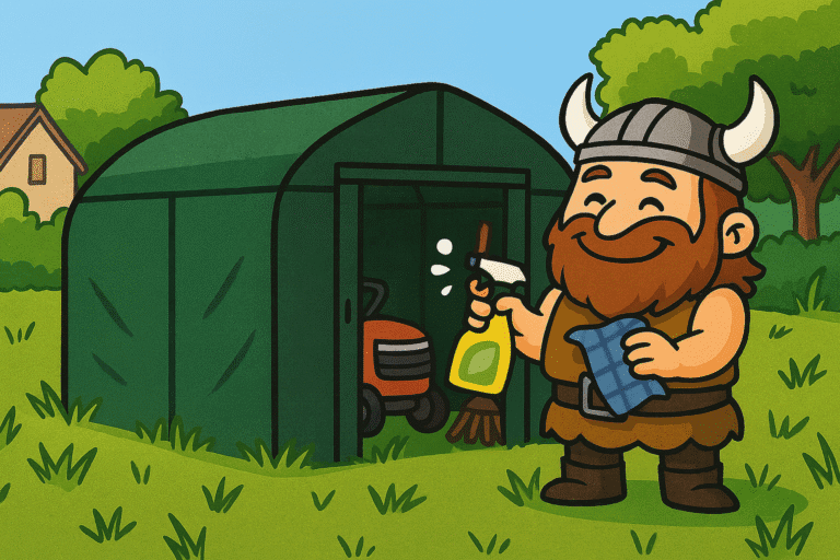 Un personnage entretient son abri de jardin bâché