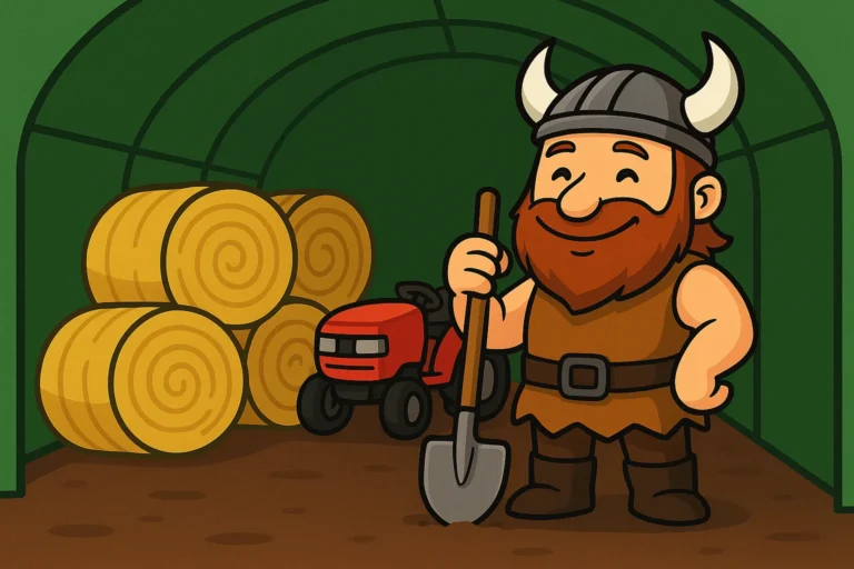 Un paysan dans son tunnel agricole avec un tracteur et des bottes de paille